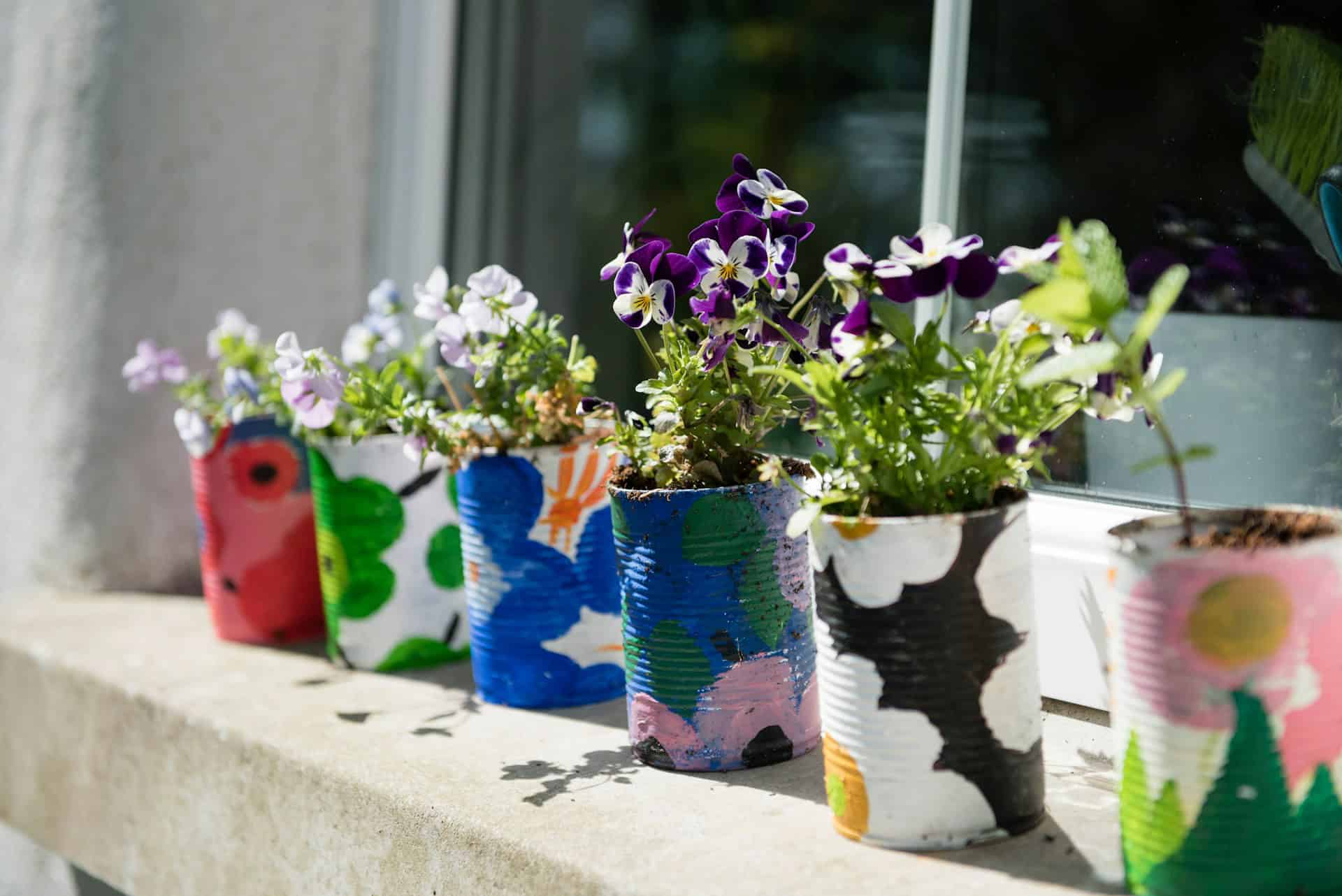 Six food cans were painted and repurposed as planters. They stand on a window sill.
